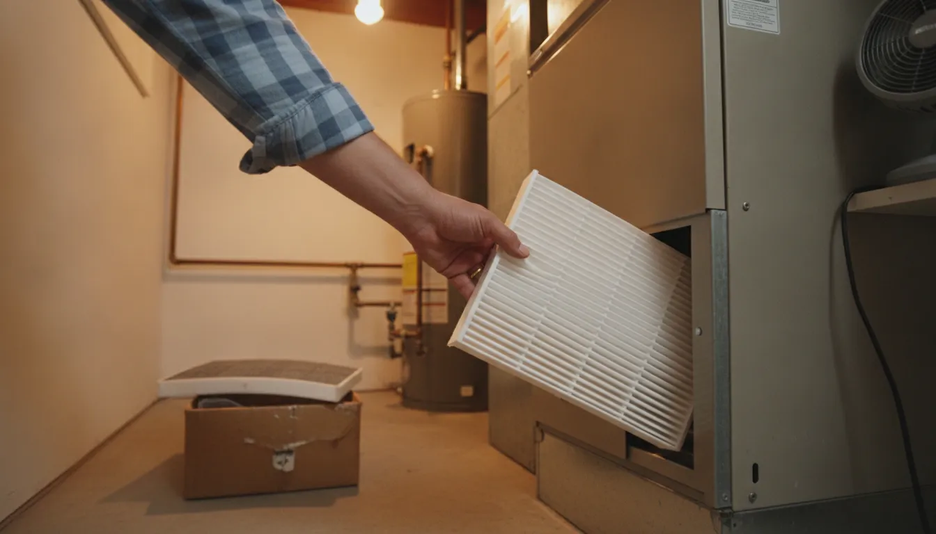 Homeowner replacing an HVAC air filter beside a furnace