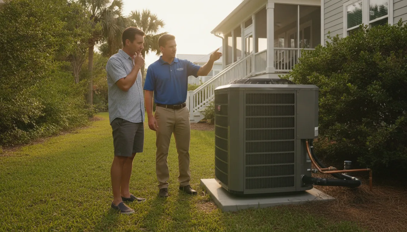 Homeowner discussing AC installation with an HVAC technician