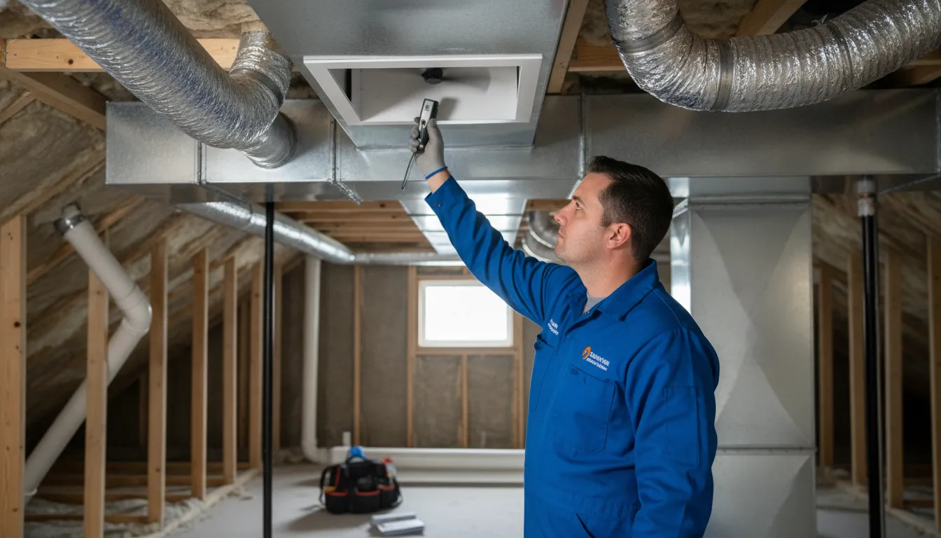 HVAC technician inspecting ductwork during AC installation