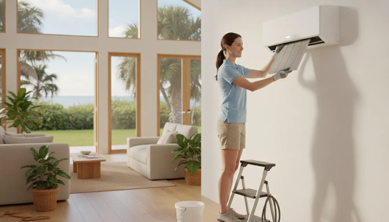 Homeowner checking an air conditioner filter safely