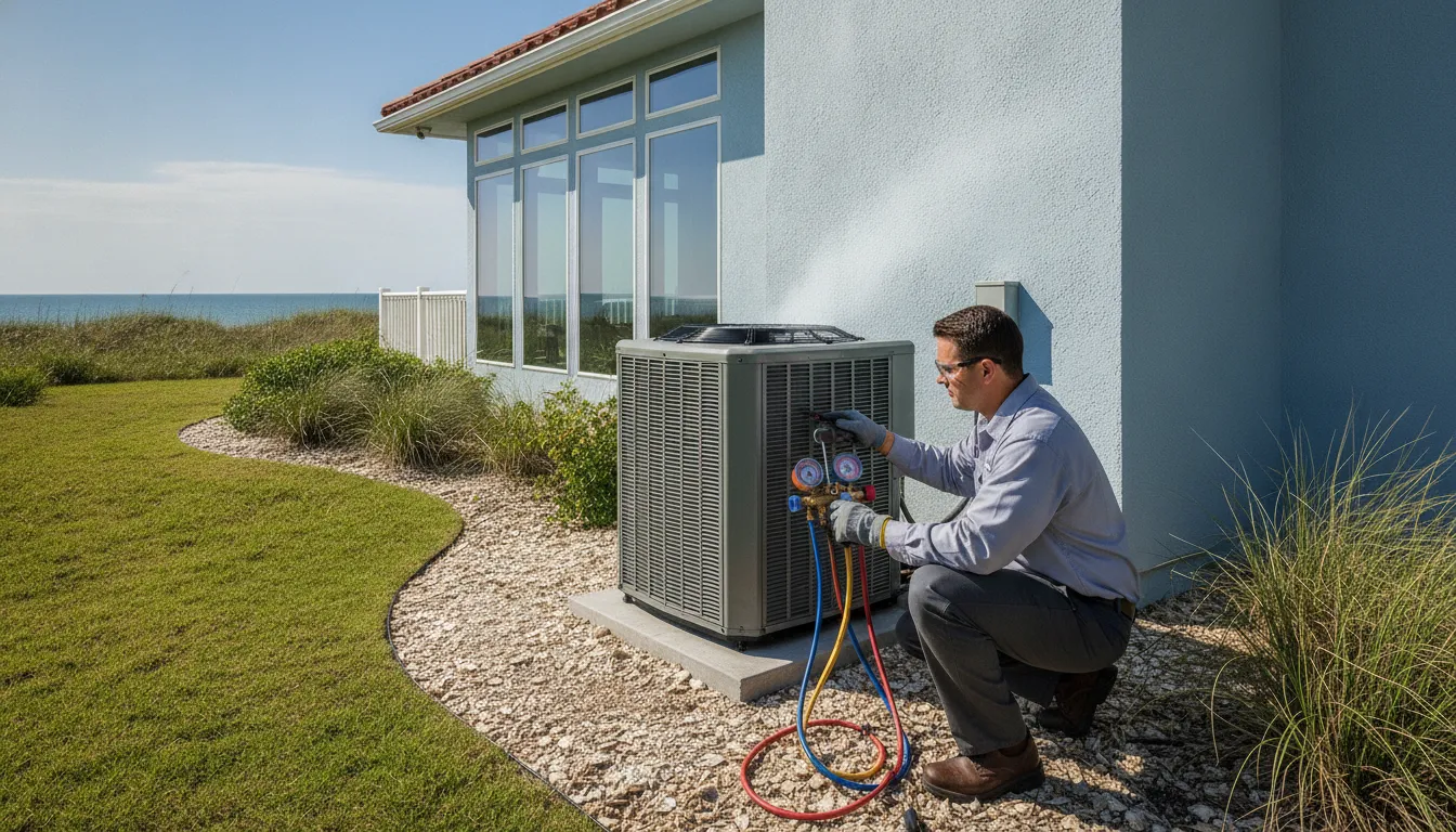 Technician inspecting a split system air conditioner outdoors