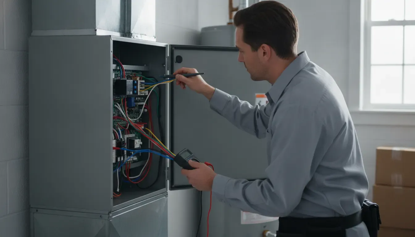 HVAC technician comparing thermostat wires with an indoor control board