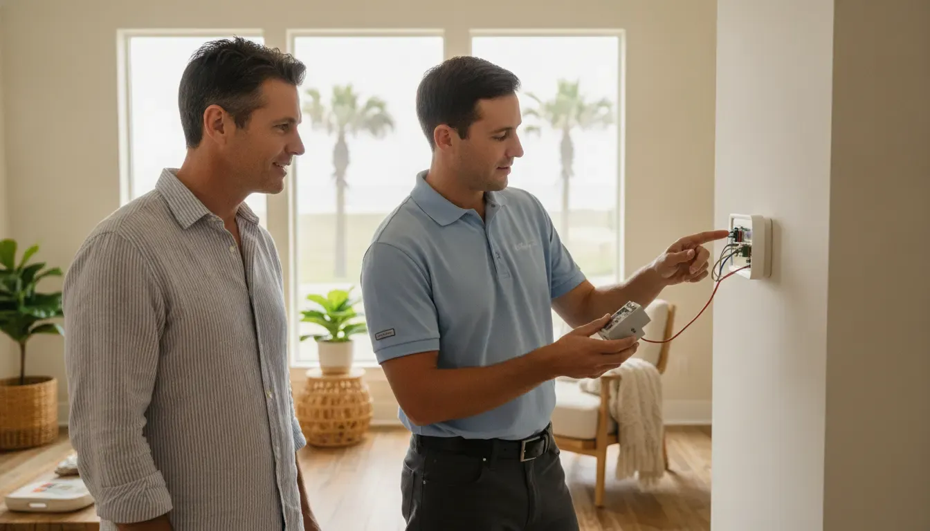 Homeowner reviewing thermostat upgrade options with an HVAC technician