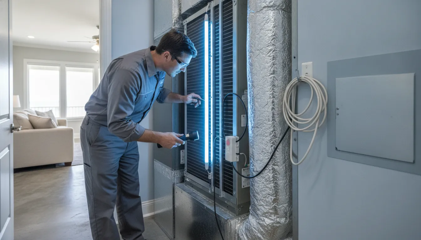 Technician inspecting a UV-C lamp near an HVAC coil