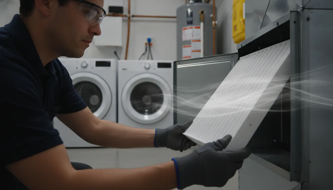 Technician installing an HVAC air filter