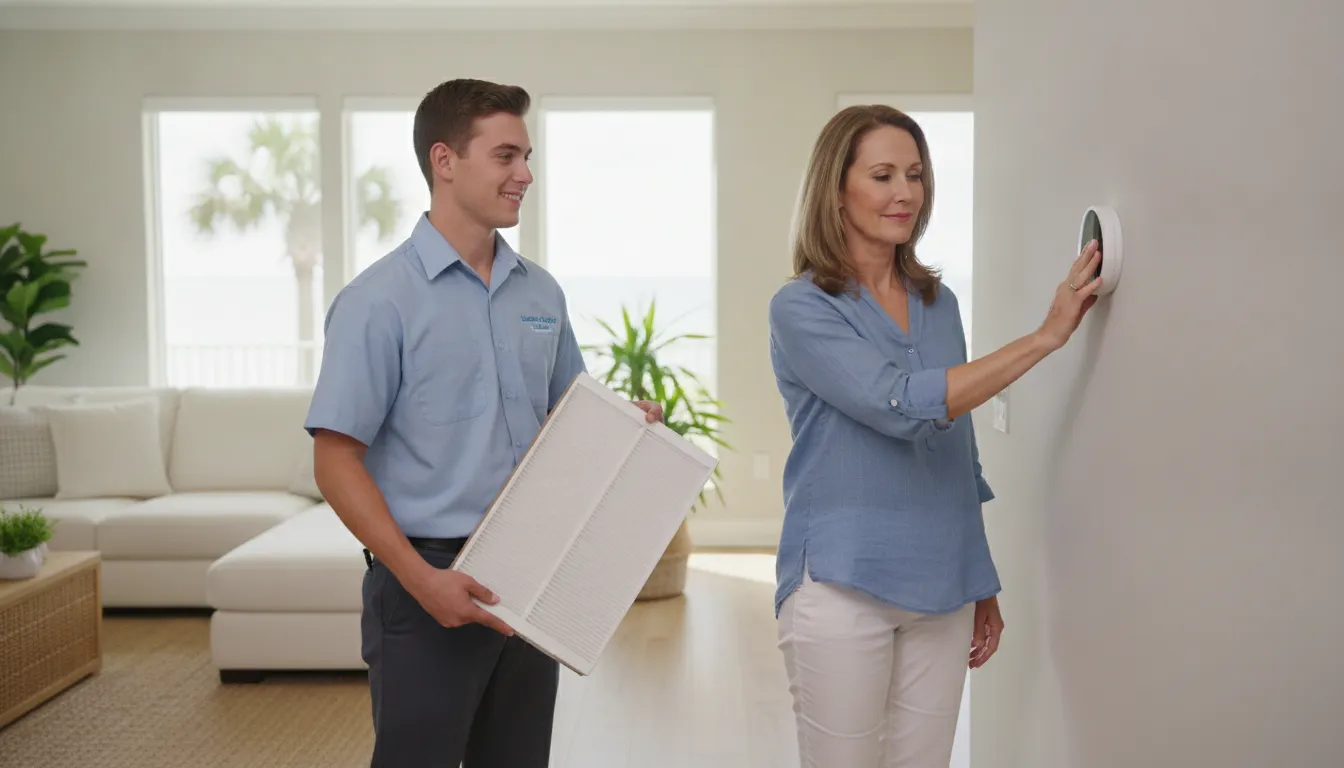 Homeowner checking an air conditioner thermostat with an HVAC technician