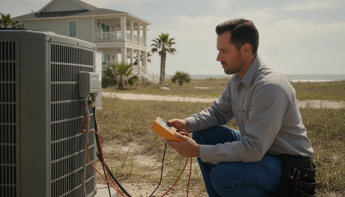 HVAC technician diagnosing an outdoor air conditioner near a coastal home