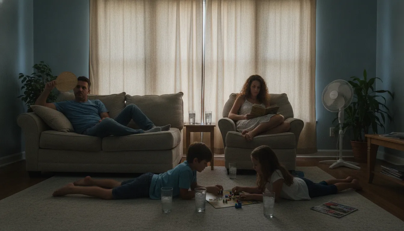 Family using a shaded cool room while waiting for AC repair during a heat wave