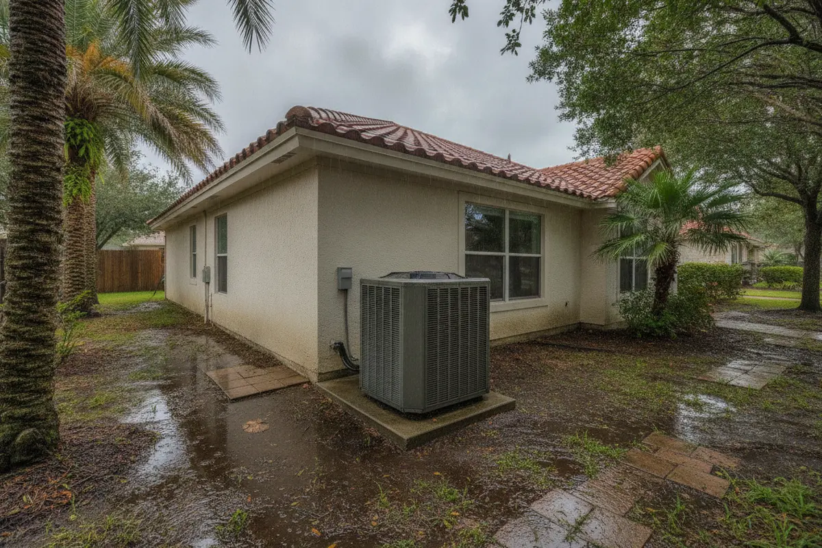 Outdoor AC condenser after rain beside a home