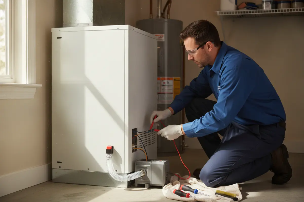HVAC professional checking condensate pump tubing and overflow protection