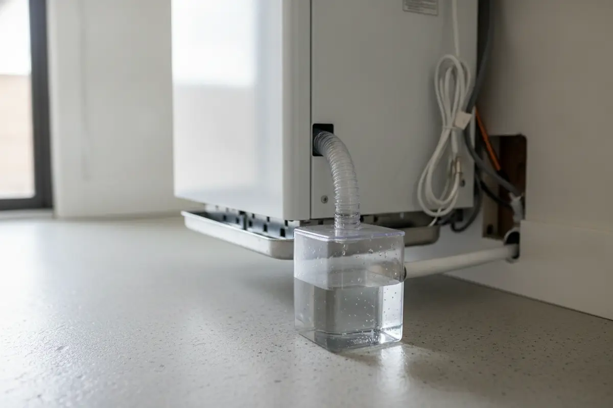 Visible condensate pump reservoir and tubing beside a residential air handler