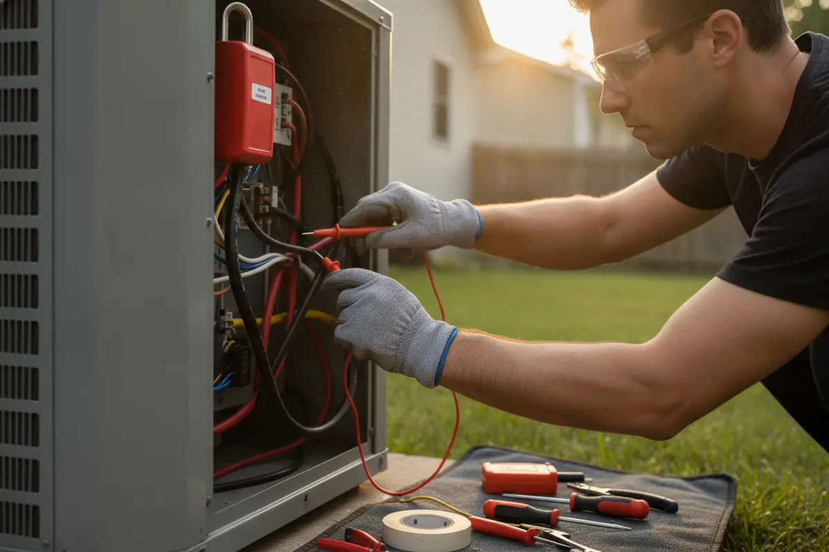 HVAC technician safely inspecting an air conditioner electrical component