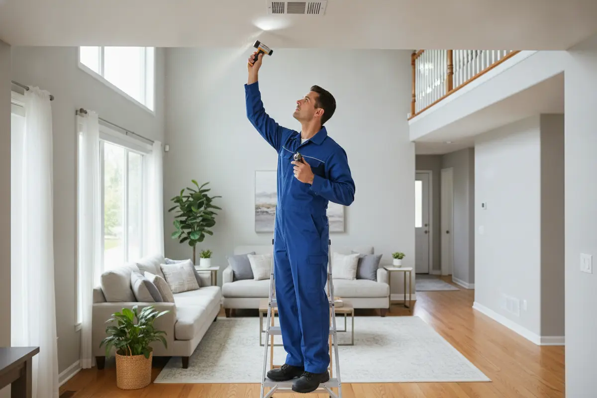 Technician checking airflow at a ceiling supply vent