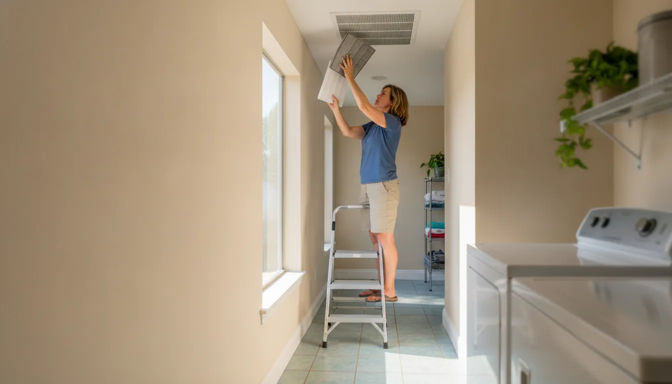 Homeowner checking an accessible AC filter safely