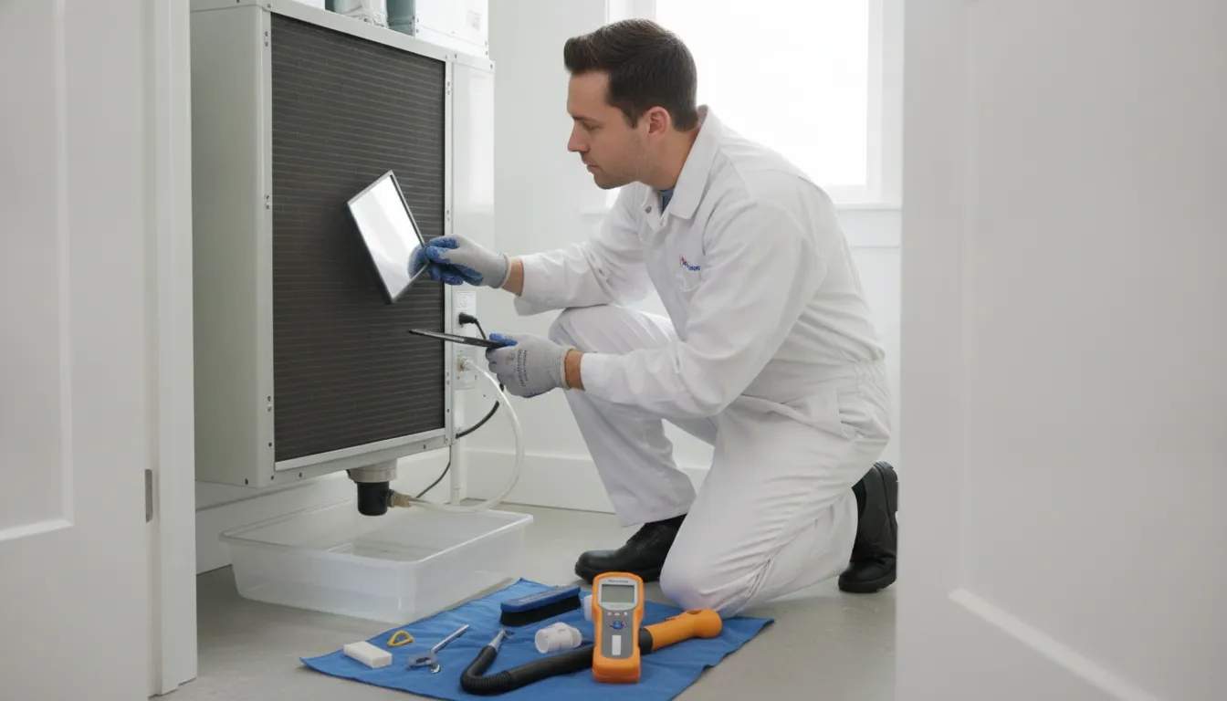 HVAC technician inspecting an indoor air conditioning system for moisture
