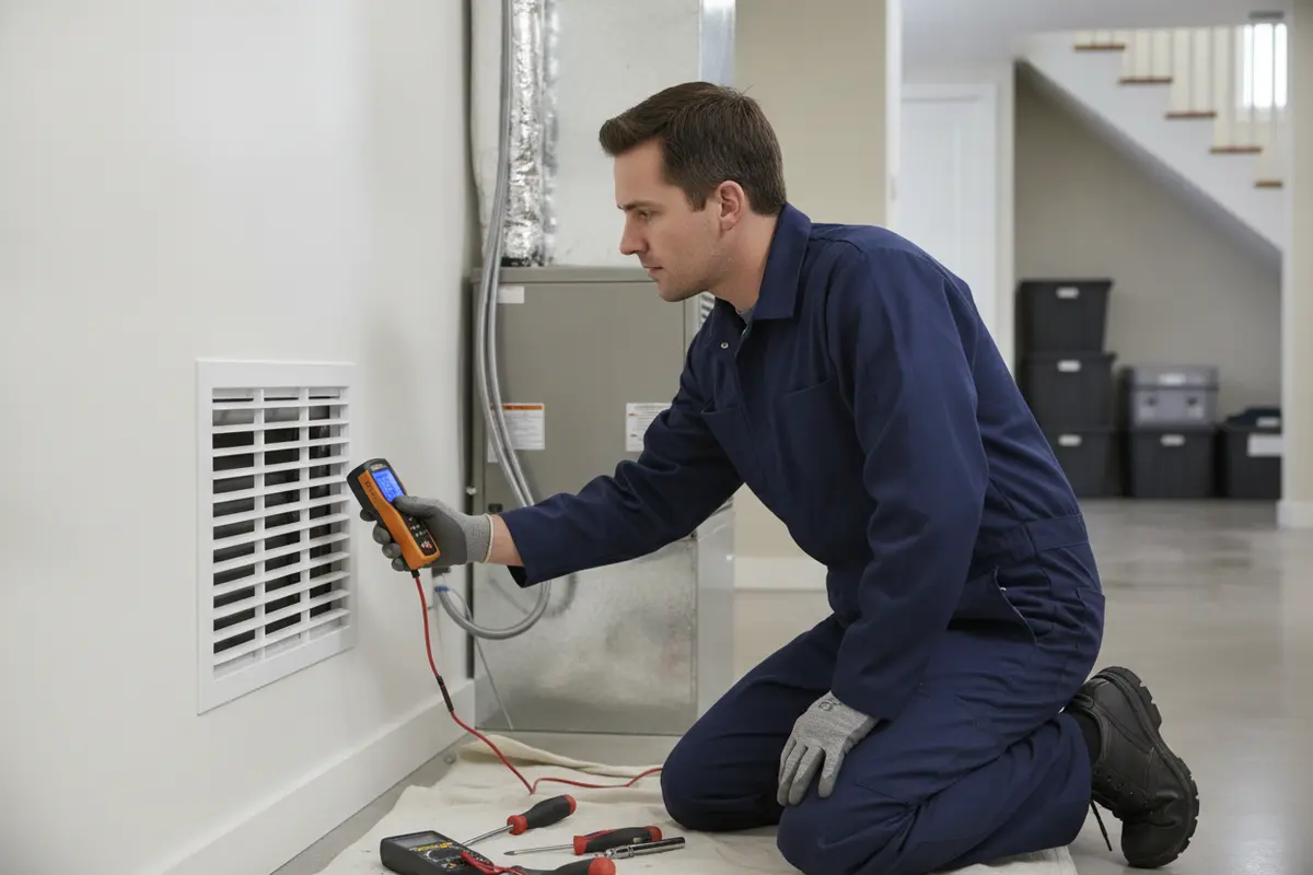 HVAC technician inspecting airflow at a home's return grille