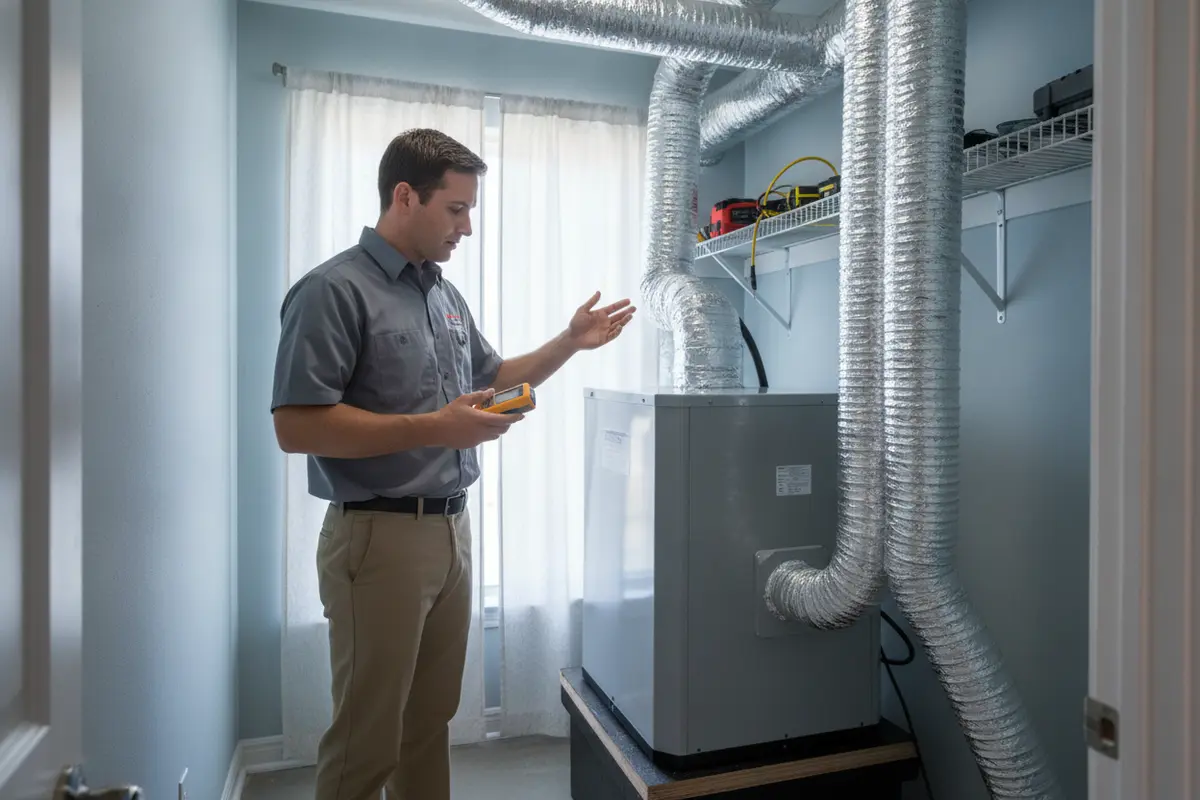 Technician checks humidity and ductwork while assessing a whole-home dehumidifier
