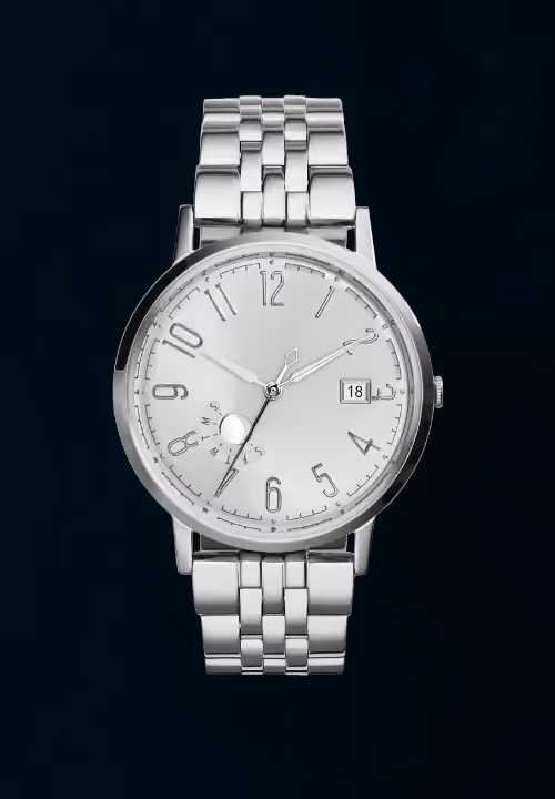 Close-up of a silver wristwatch with a metal band showing time 2:33 and date 18 on a black background.
