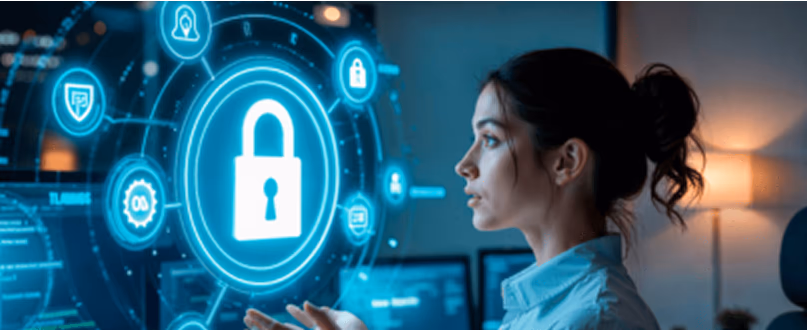 Lady working with digital interface with cybersecurity lock