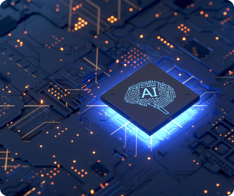 Close-up of a glowing AI microchip on a dark circuit board with illuminated electronic pathways.