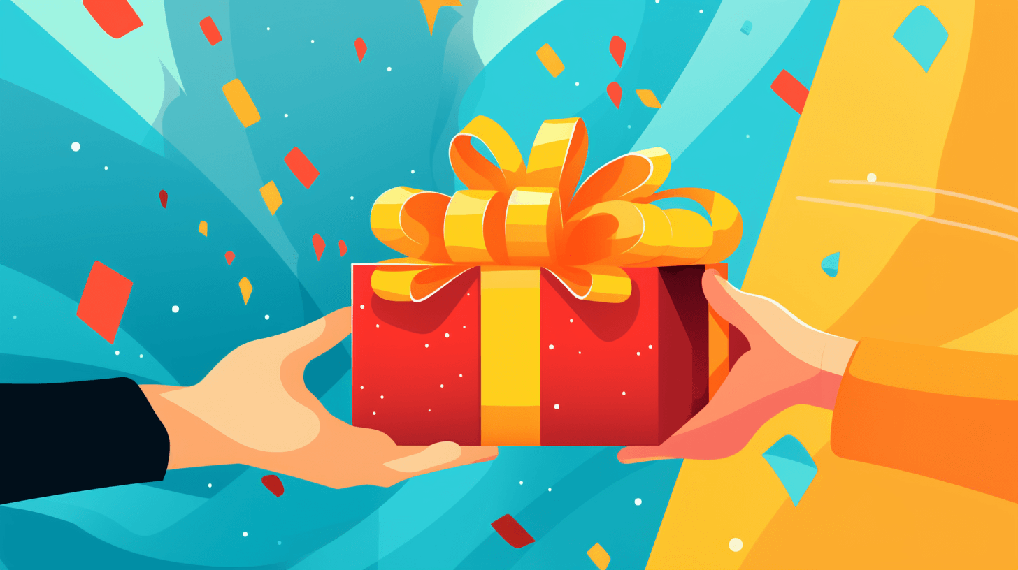 Illustration af to hænder der rækker en gave med gult bånd på farverig baggrund