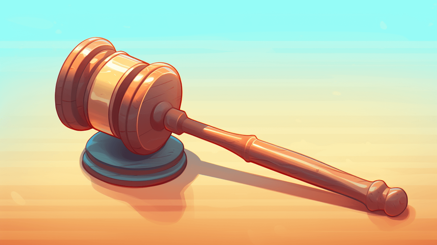 Illustration af en dommerhammer på sokkel mod farverig baggrund