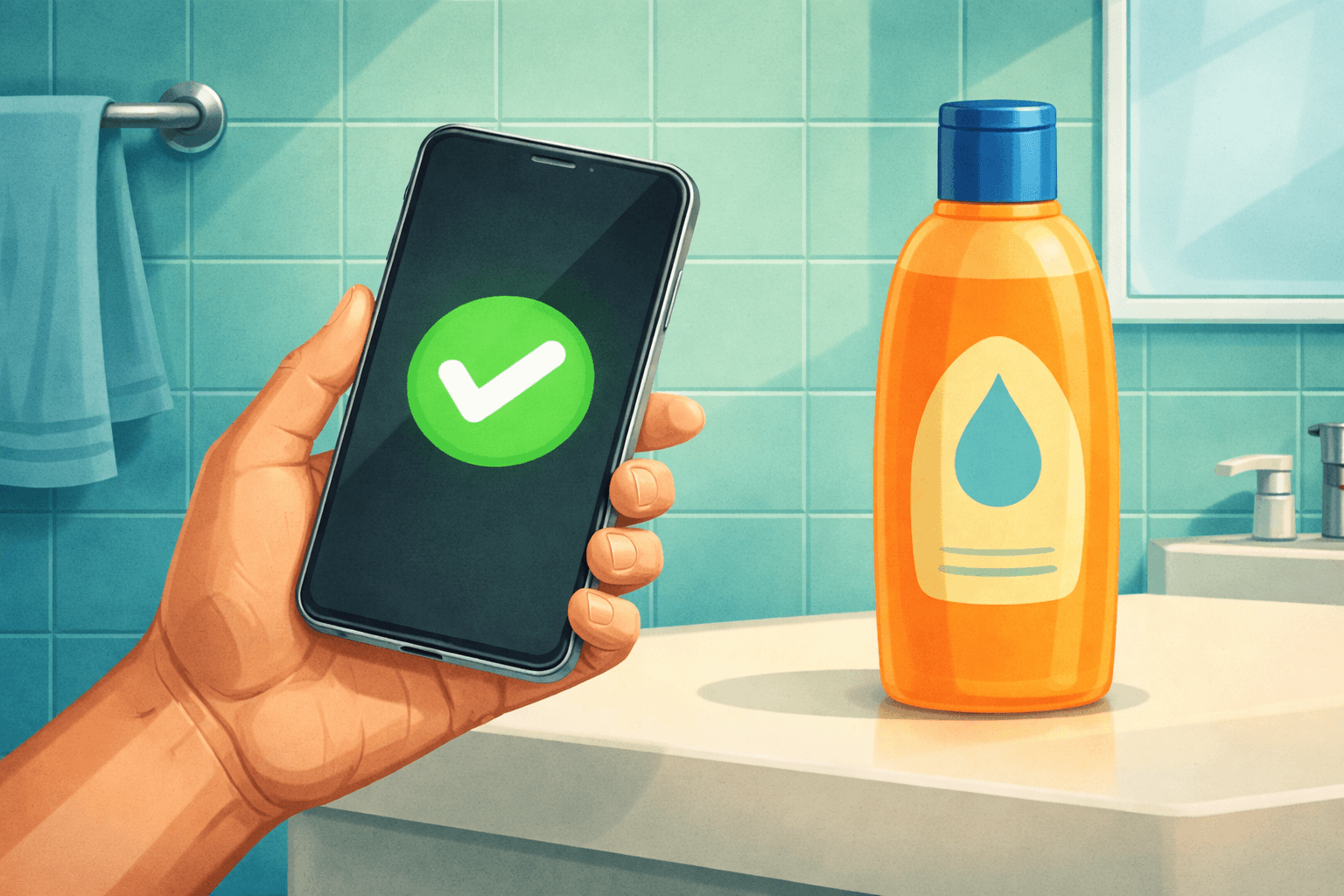 Illustration af telefon der scanner et produkt med Kemiluppen-appen.