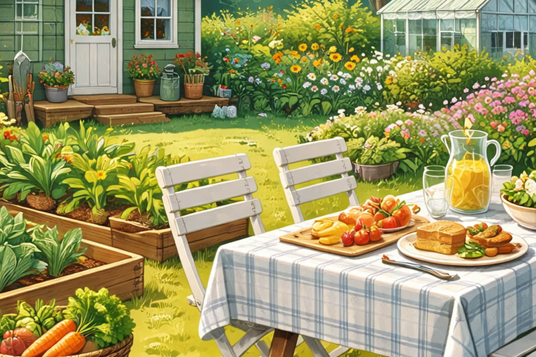 Illustration af byhave med grøntsager og blomster i en by.