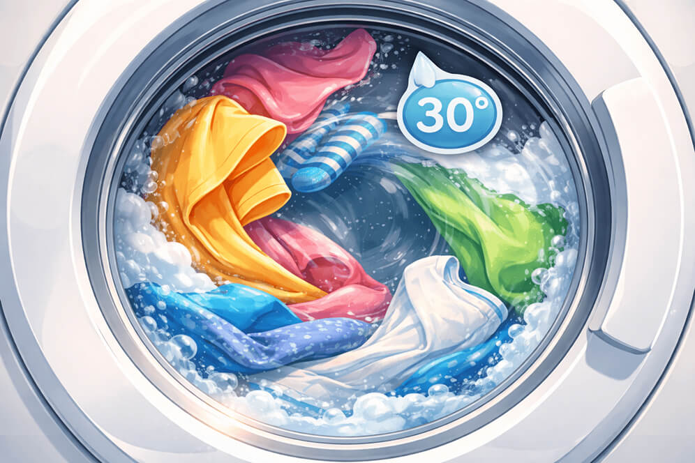 Illustration af vaskemaskine med temperaturindstilling på 30 grader.