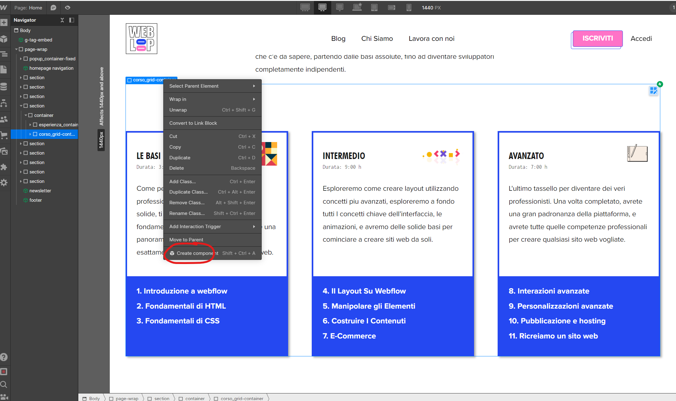 grafica di come creare component su webflow