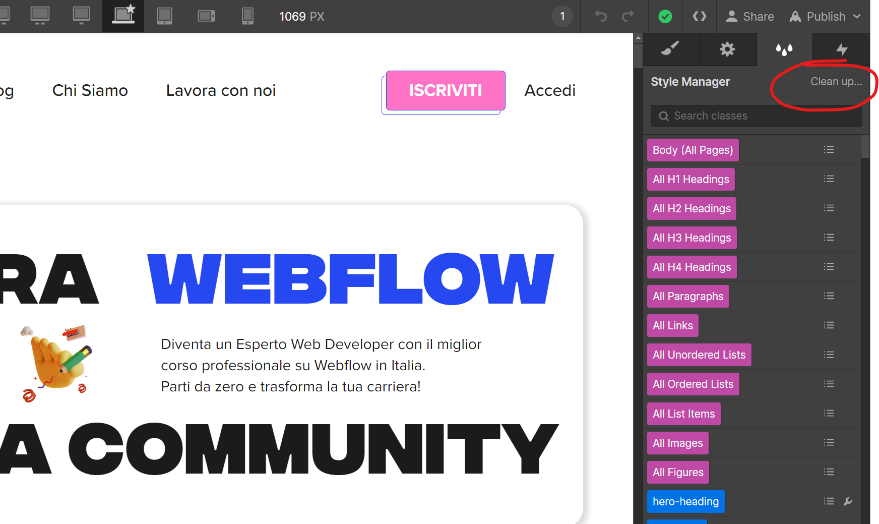 tasto pulizia classi all'interno del designer di webflow