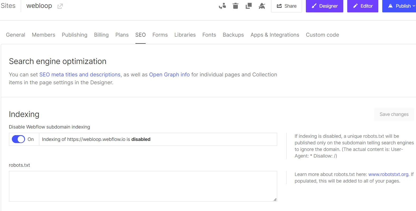 disabilitare index di webflow.io