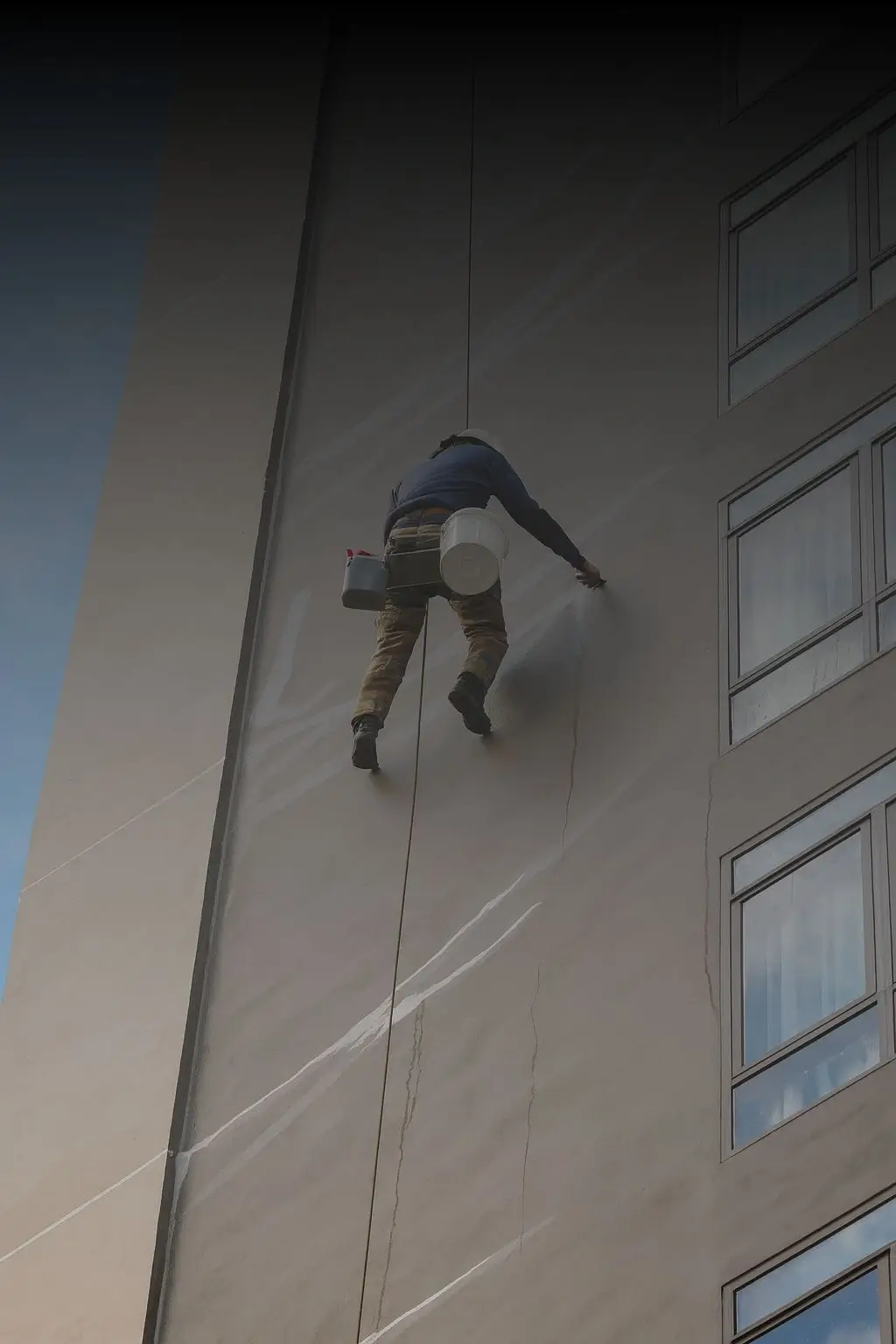 Rope access technician carrying out façade crack rectification on a high-rise building in Sydney.