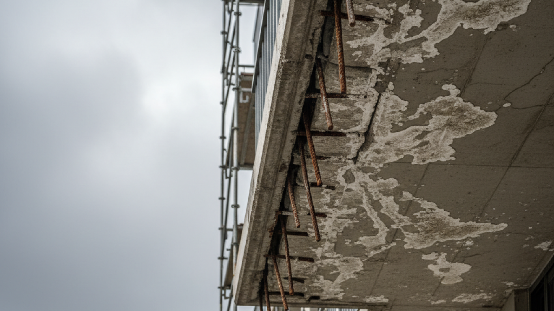 Water ingress signs in strata buildings — efflorescence, spalling concrete and rust staining on a Sydney apartment building