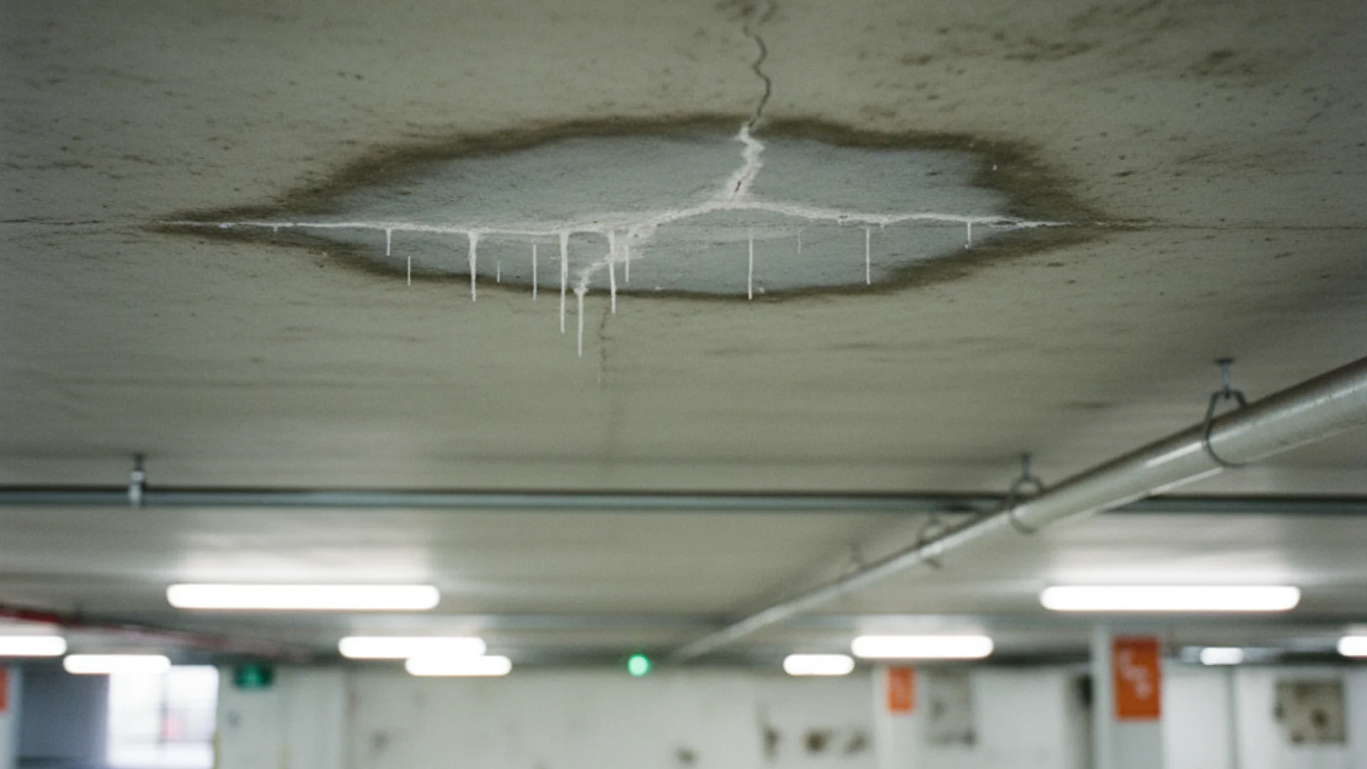 Water staining and efflorescence on concrete ceiling soffit in Sydney strata building carpark showing waterproofing membrane failure