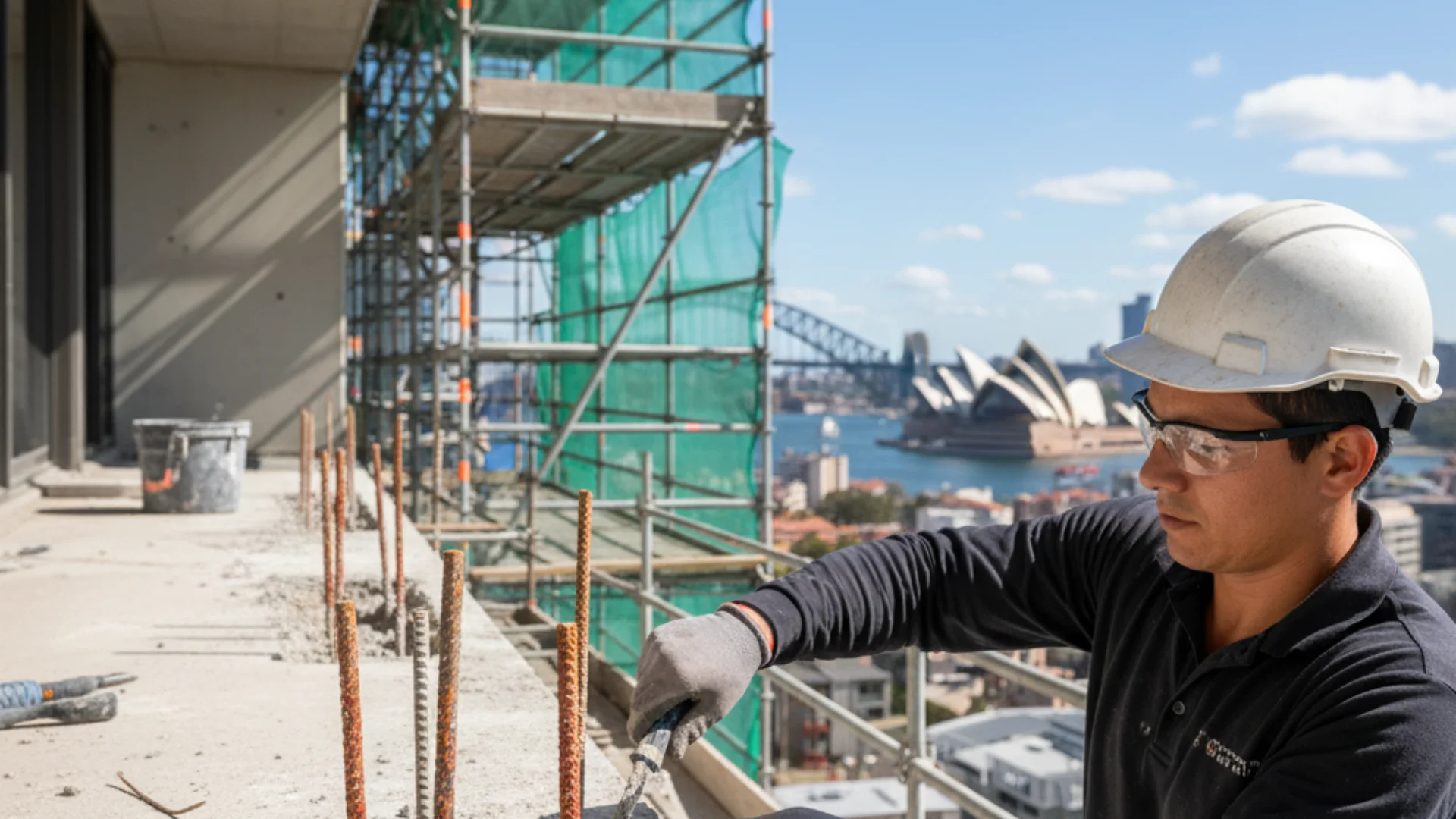 Concrete spalling repair in progress on a Sydney apartment building — anti-corrosion primer on exposed rebar with fresh mortar being applied, Sydney skyline in background
