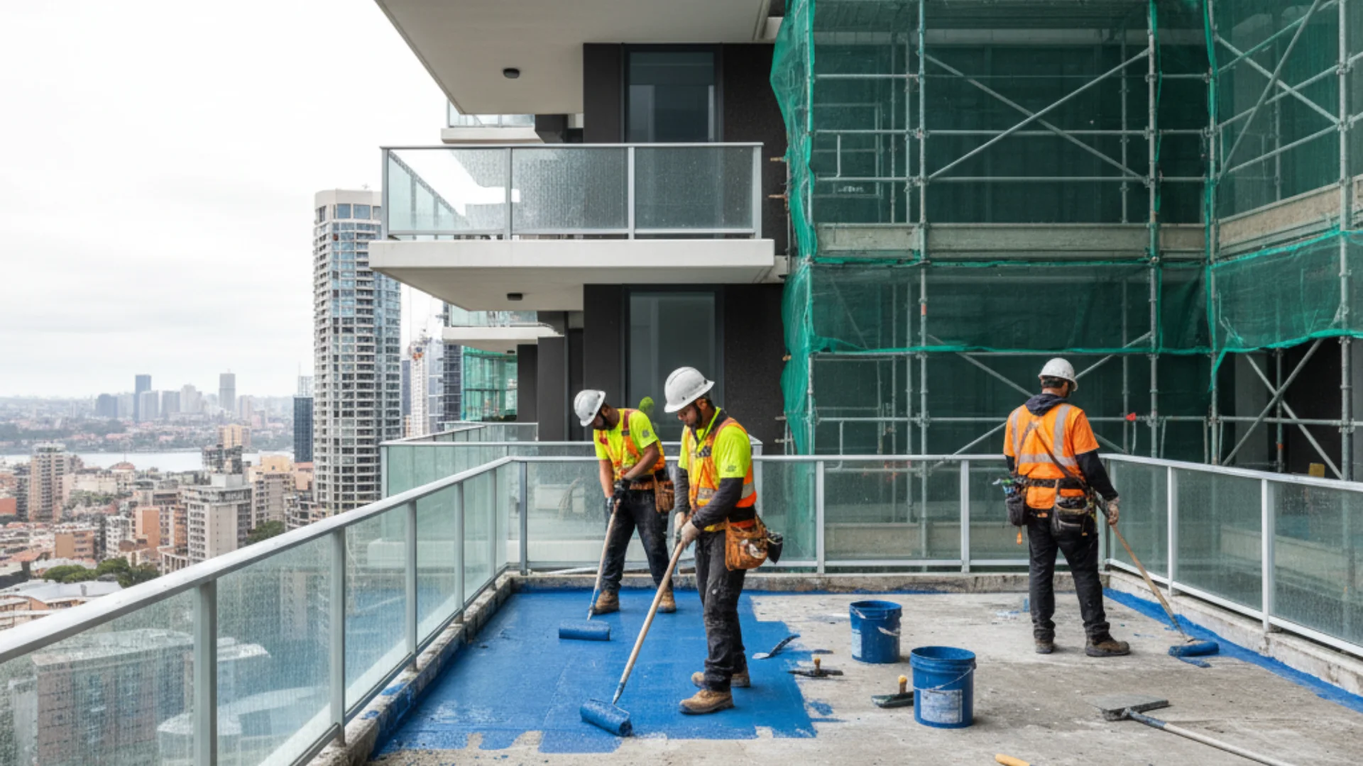 Workers applying waterproofing membrane to a Sydney apartment building balcony