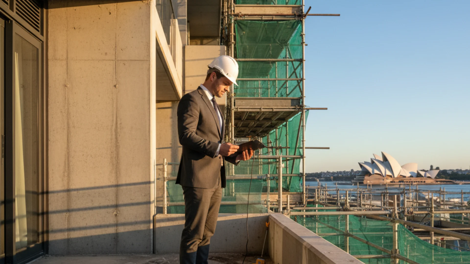 Structural engineer reviewing building condition assessment documentation on a Sydney strata building balcony with scaffolding and Opera House in background