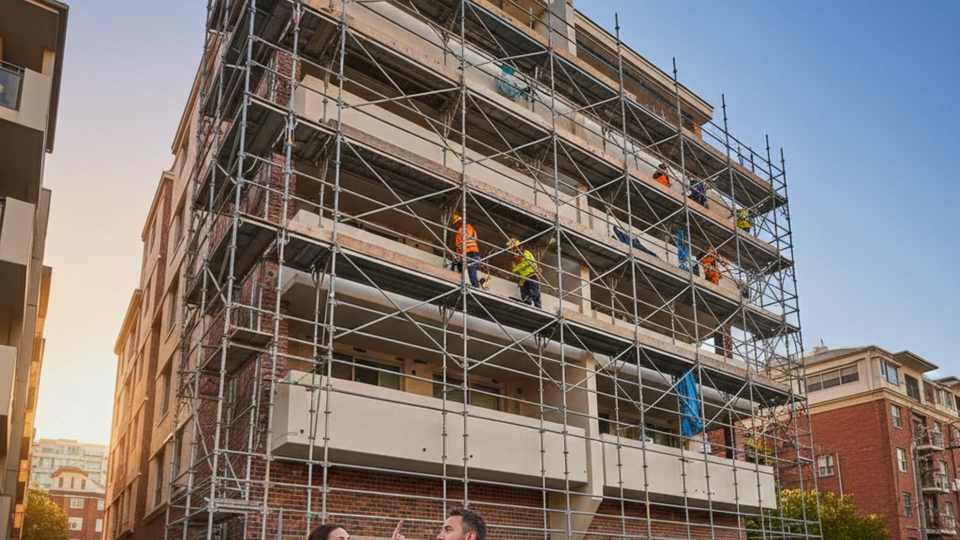 Strata apartment building undergoing balcony remediation works in Sydney
