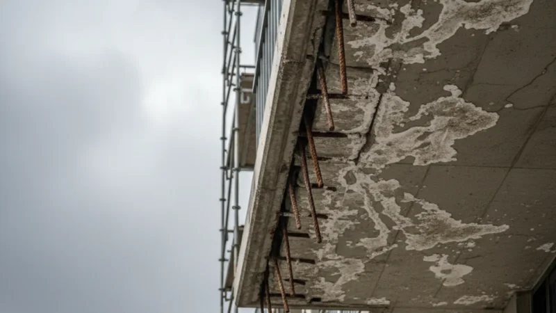 Water ingress signs in strata buildings efflorescence, spalling concrete and rust staining on a Sydney apartment building