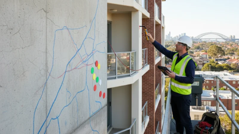 Structural engineer inspecting Sydney strata building facade during a building condition assessment