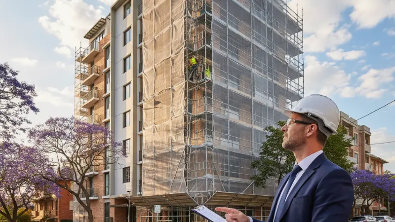 DBP Act expansion 2026 strata building remedial works Sydney — building practitioner with clipboard reviewing facade remediation scaffolding