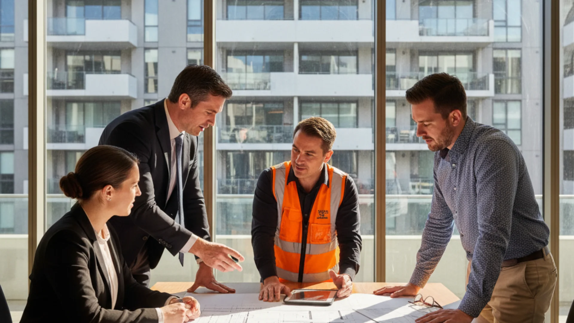 Strata committee reviewing capital works plans and architectural drawings at a Sydney apartment building