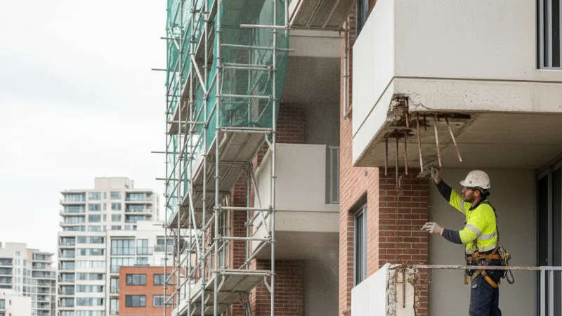 Remedial building works cost Sydney — concrete repair in progress on strata apartment building balcony with scaffolding