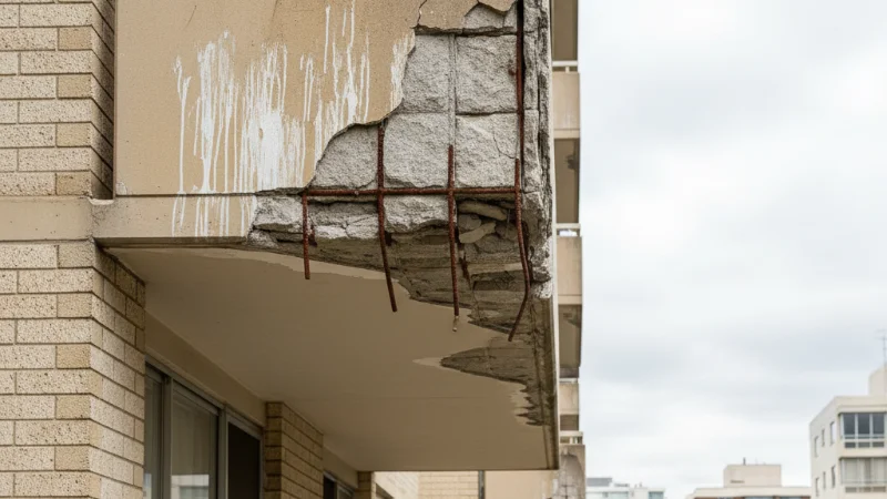 Signs building needs remedial work Sydney — concrete spalling with exposed reinforcement and water staining on strata apartment building balcony