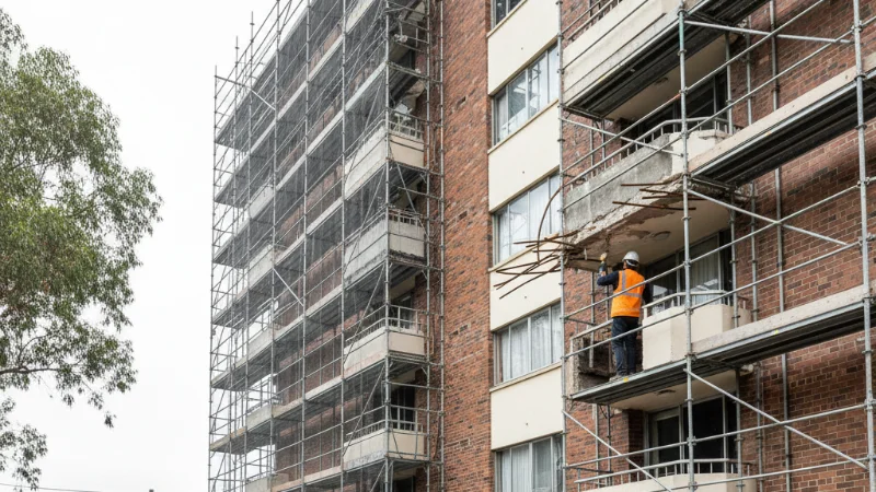 Structural repair contractor Sydney — scaffolding and concrete remediation on strata apartment building facade with exposed reinforcement bars