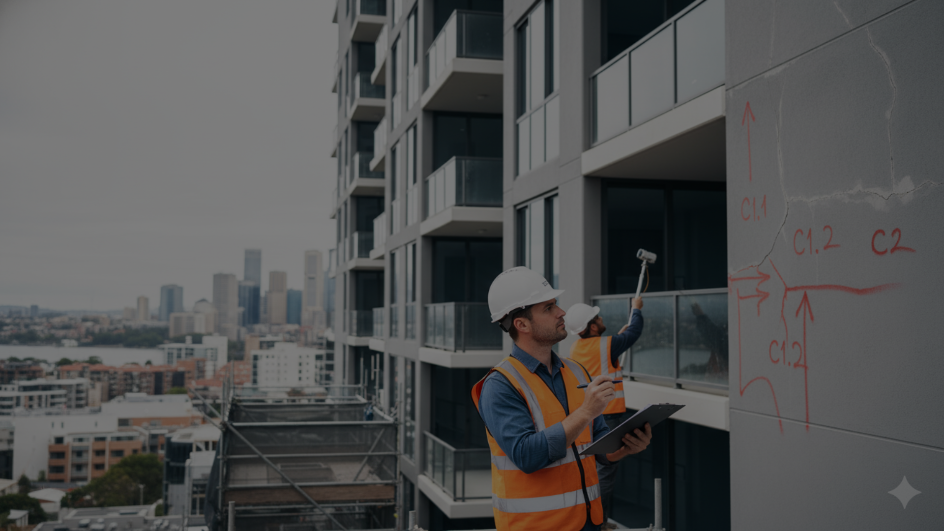 Defect Warranty Works — building inspector documenting facade defects