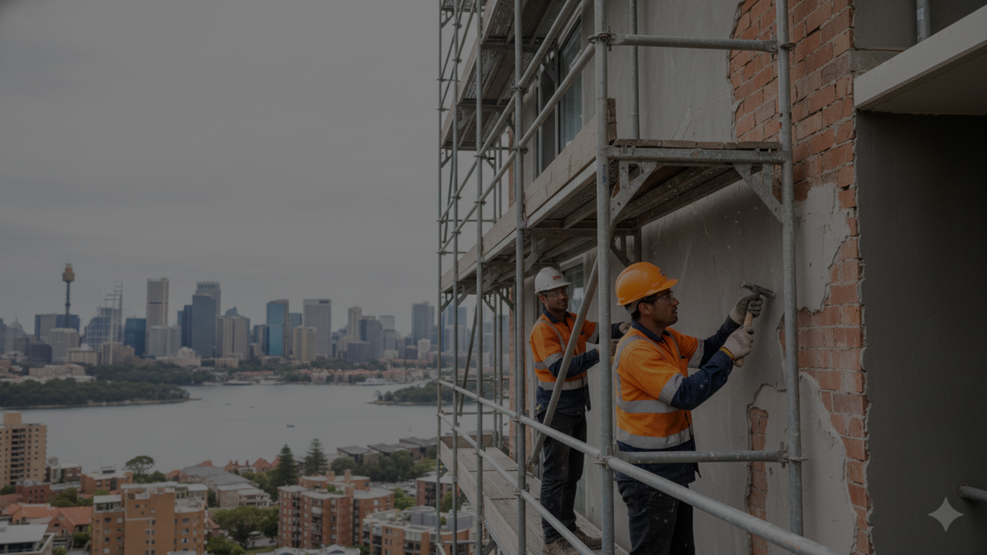 Poor Workmanship Rectification — workers removing defective render on Sydney building