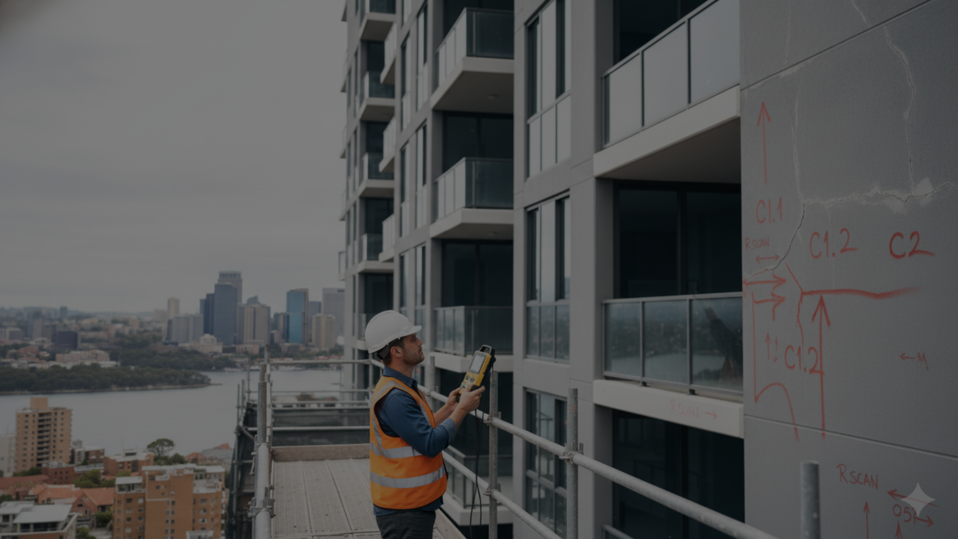 Structural Defect Repairs — engineer scanning concrete wall on Sydney building
