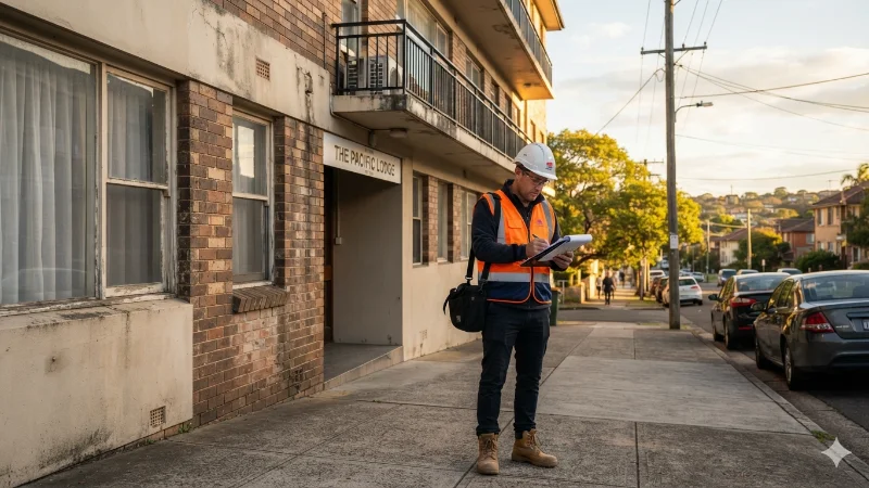 Licensed building practitioner in hi-vis vest and hard hat inspecting the facade of a mid-rise Class 3 building in Sydney, clipboard in hand, documenting compliance under the DBP Act 2026